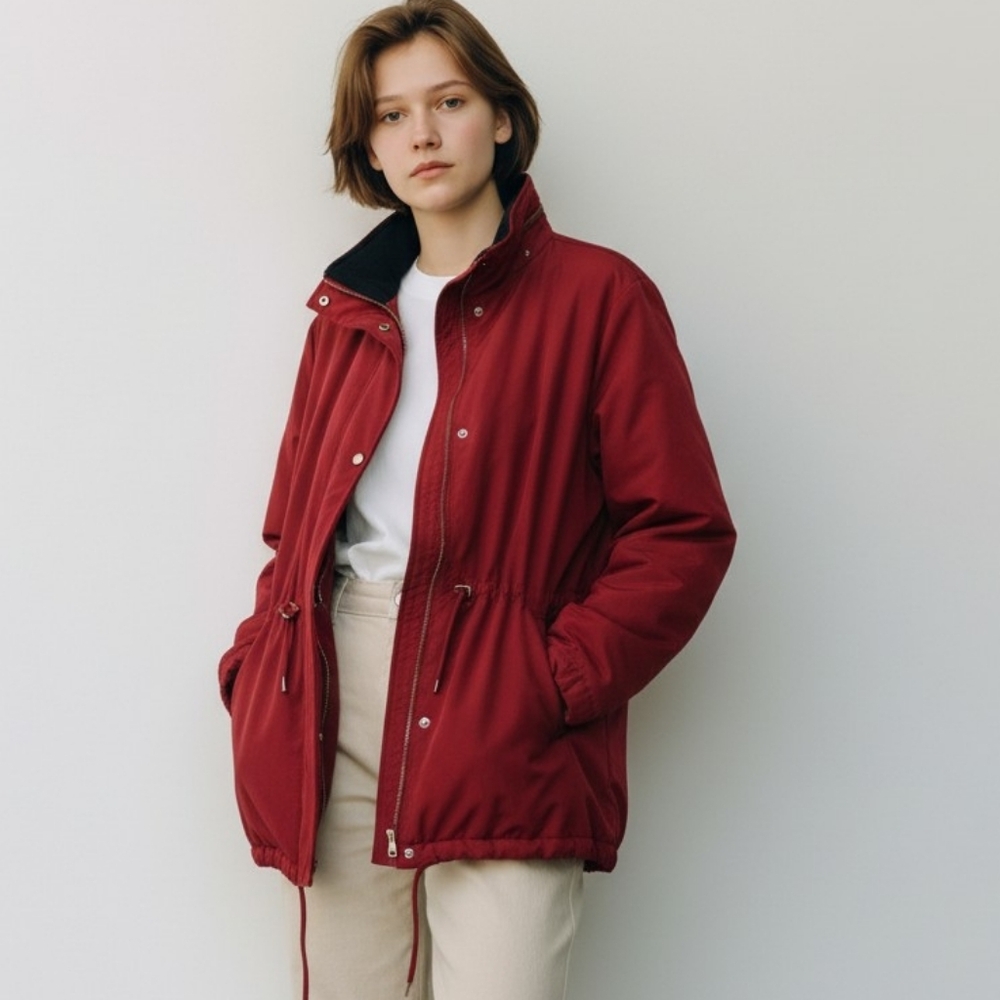 Liz Claiborne Red Utility Jacket Rain Coat Parka Stylish Drawstring Collar Warm